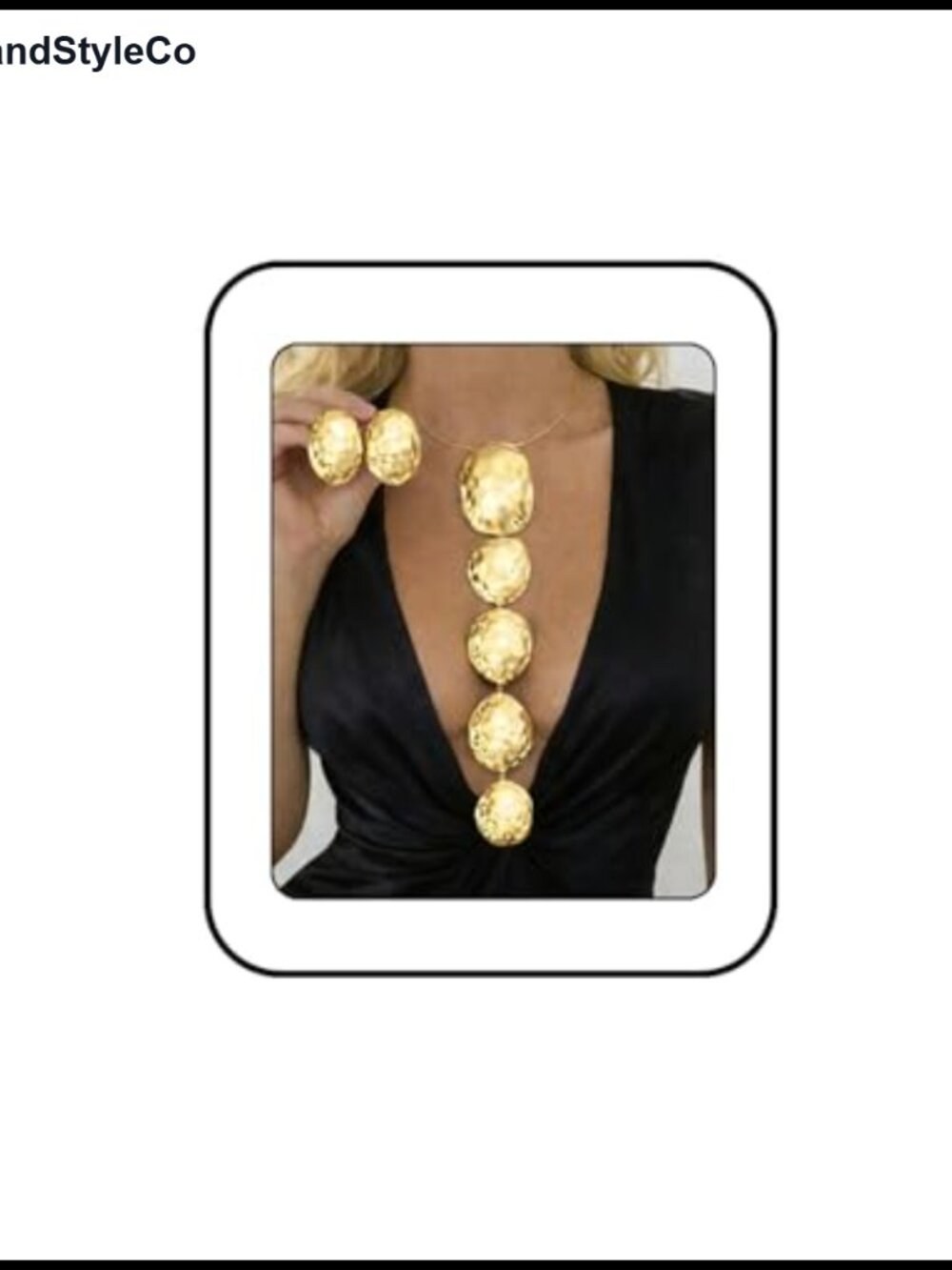 Hammered Gold Statement Necklace and Earring Set Long Pendant Chunky Jewelry